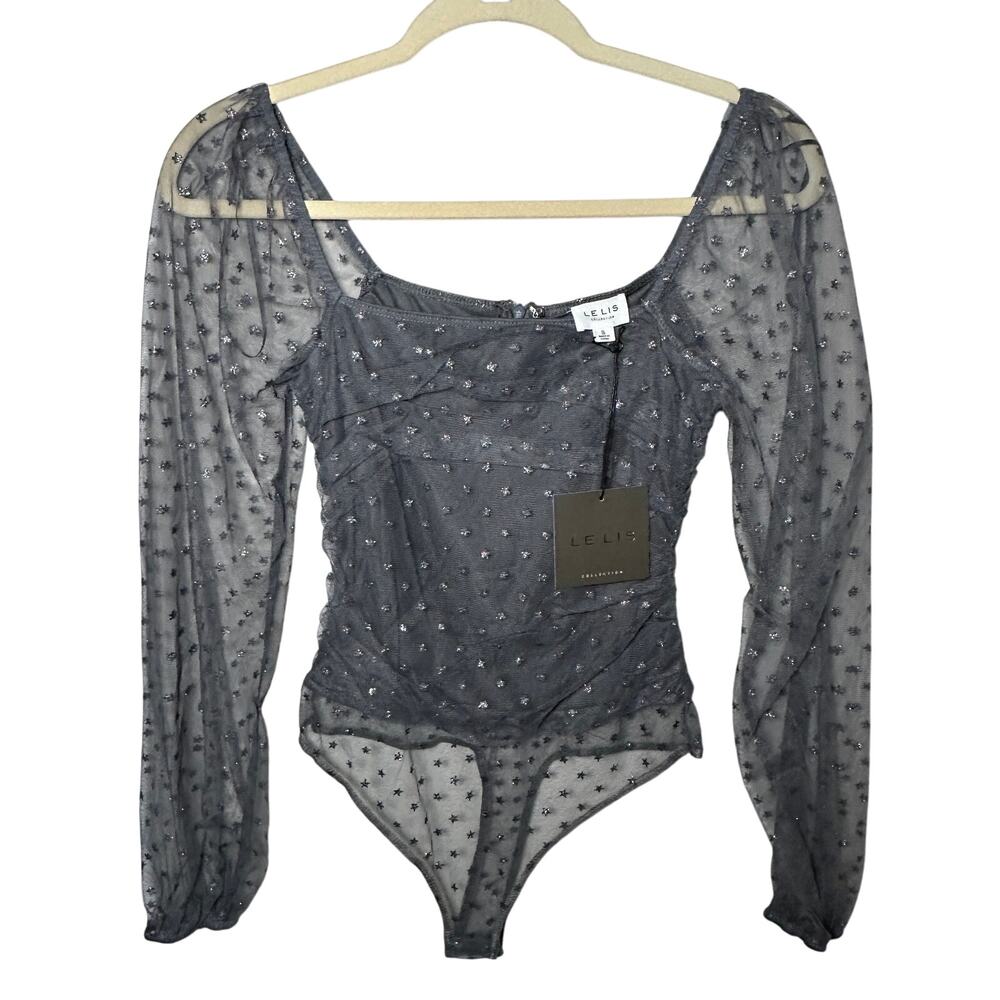 Le Lis Grey Sparkle Mesh Puff Sleeve Bodysuit - Size Small - NWT